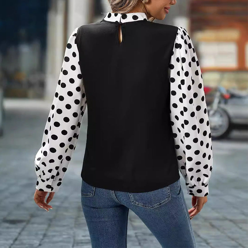 Customized European and American temperament polka dot long-sleeved shirt    contrasting color pullover shirt female contractor material