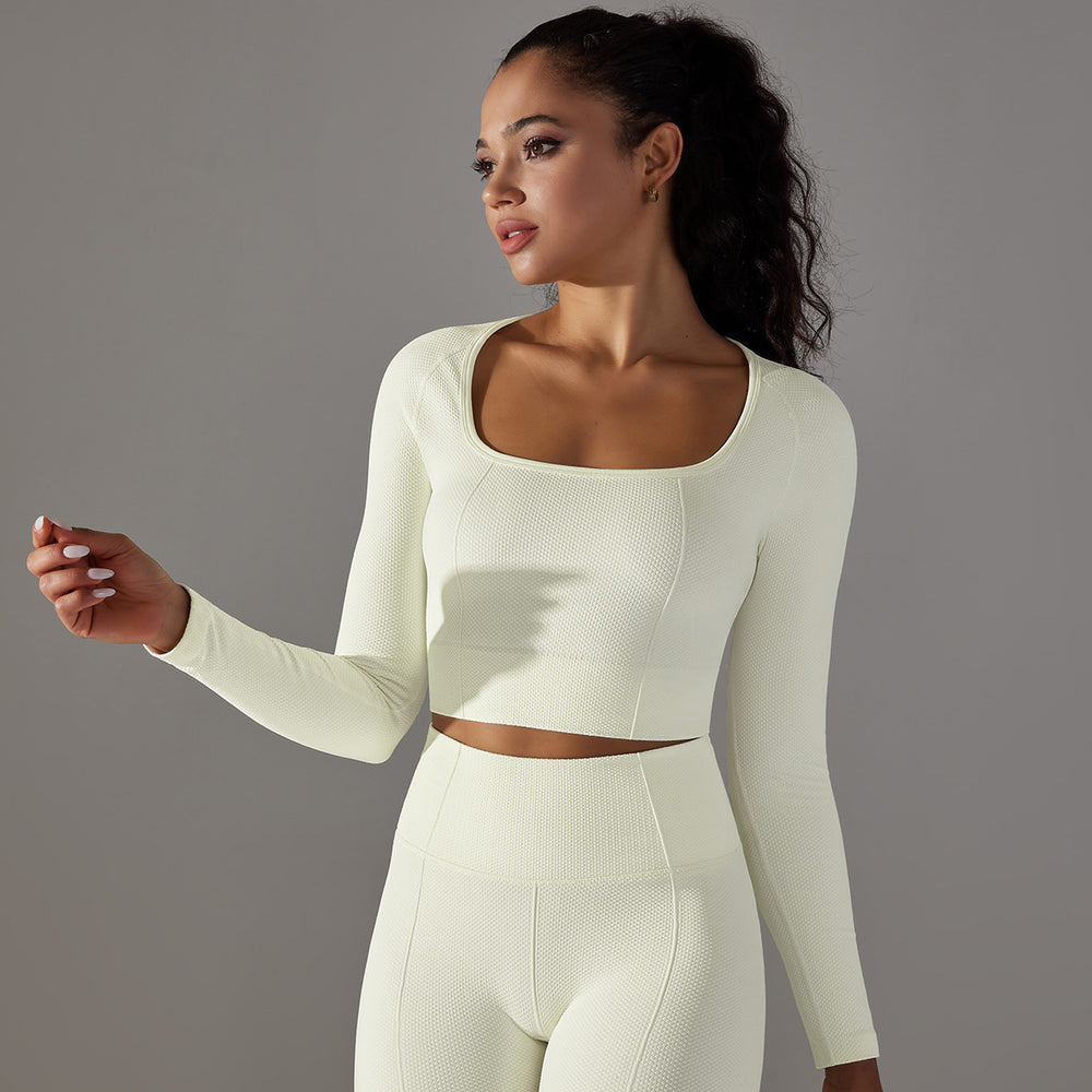 New arrival cross-border seamless pure color dotted stripes t-shirt high elastic low collar abdominal shaping yoga wear long sleevestops women