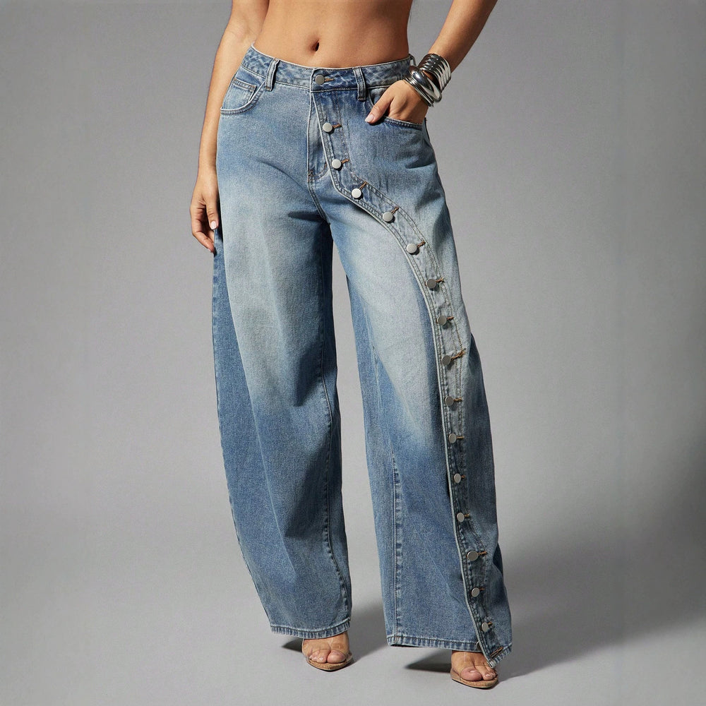 High street fashionjeans women's diagonal metal buckle loose pants gradient washed loosedraped denim moppants