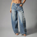 High street fashionjeans women's diagonal metal buckle loose pants gradient washed loosedraped denim moppants