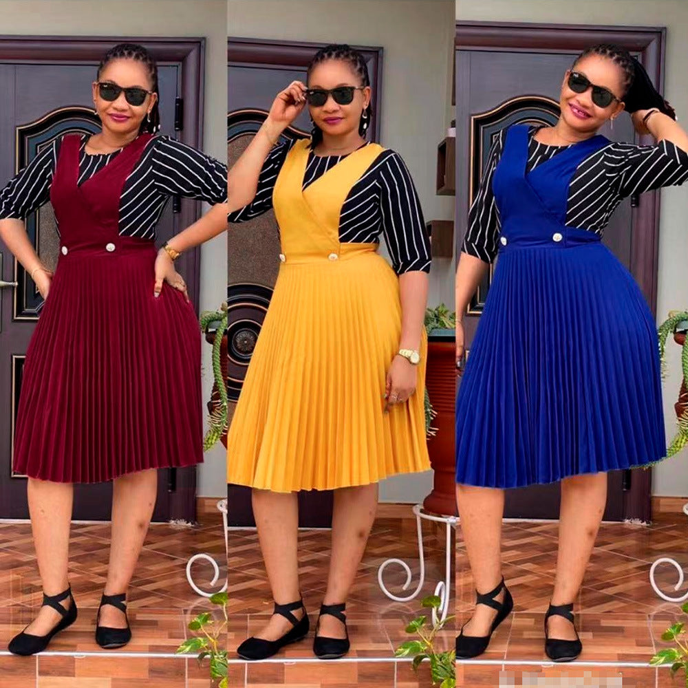supply fake two-piece set pleated dressloose waist casual african plus size women's pleated skirt