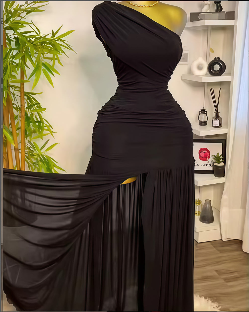 European and american cross-border women's fashion:  spring new arrival - solid color sleeveless asymmetrical neck ruched bodycon slit maxi dress
