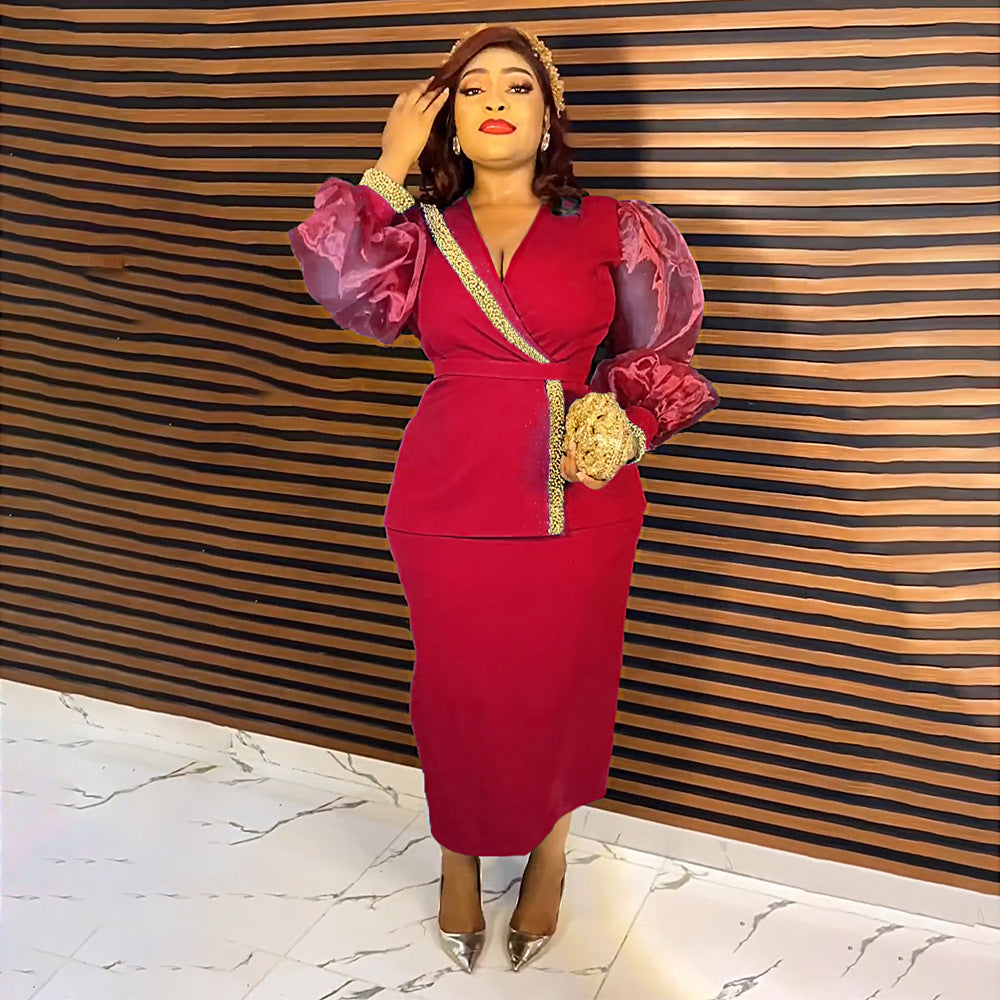 African cross-border e-commerce ol commute organza dress european and american  women's two-piece set pencil skirt