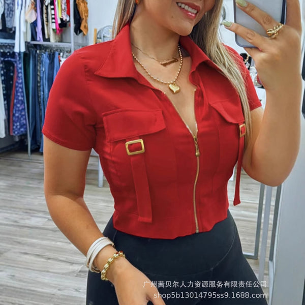 LZR19187  women's red short-sleeved casual tooling pocket lapel cardigan top