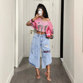 European and american style women's patchwork distressed cropped wide-leg jeans with letter print and washed finish - export quality
