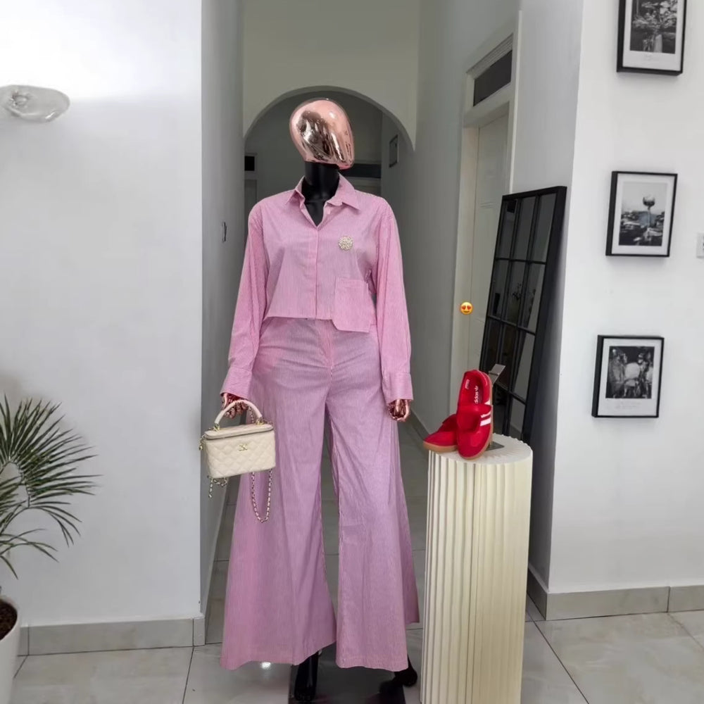 European and american cross-border women's fashion:  spring new collection - striped asymmetrical long sleeve shirt and wide leg pants set