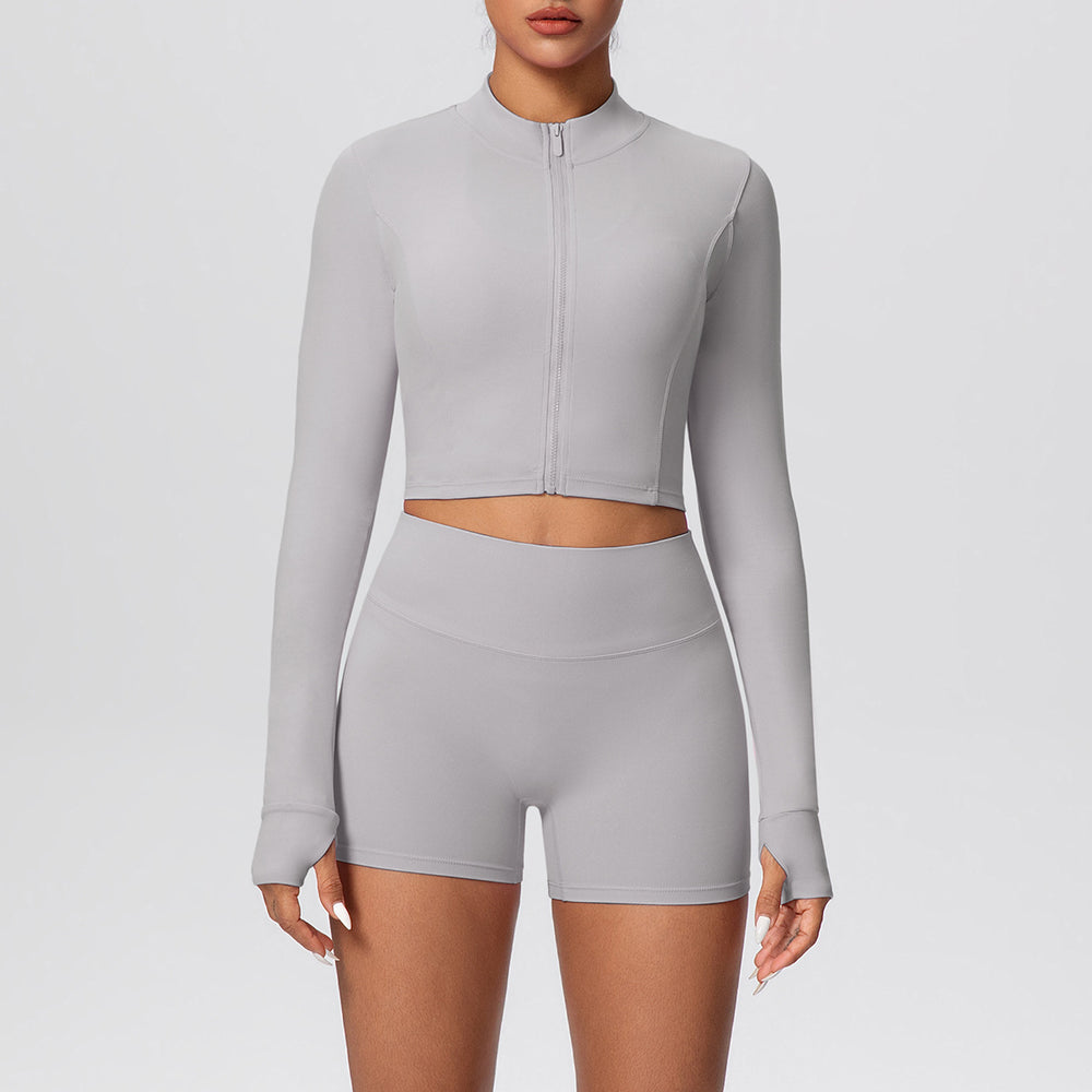 High-waisted, butt-lifting, form-fitting athletic shorts with a zip-up outer layer – a barely-there, casual running and fitness outfit set, perfect for yoga