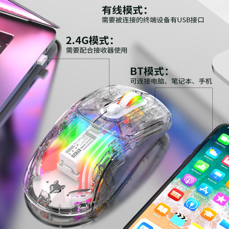 Dazzling silver fox xyh20rgb wireless bluetooth tri-mode transparent mechanical mouse - silent gaming mouse for women