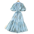 French romantic embroidered sequin puff sleeve dress - women's summer tie-waist slimming a-line elegant maxi dress