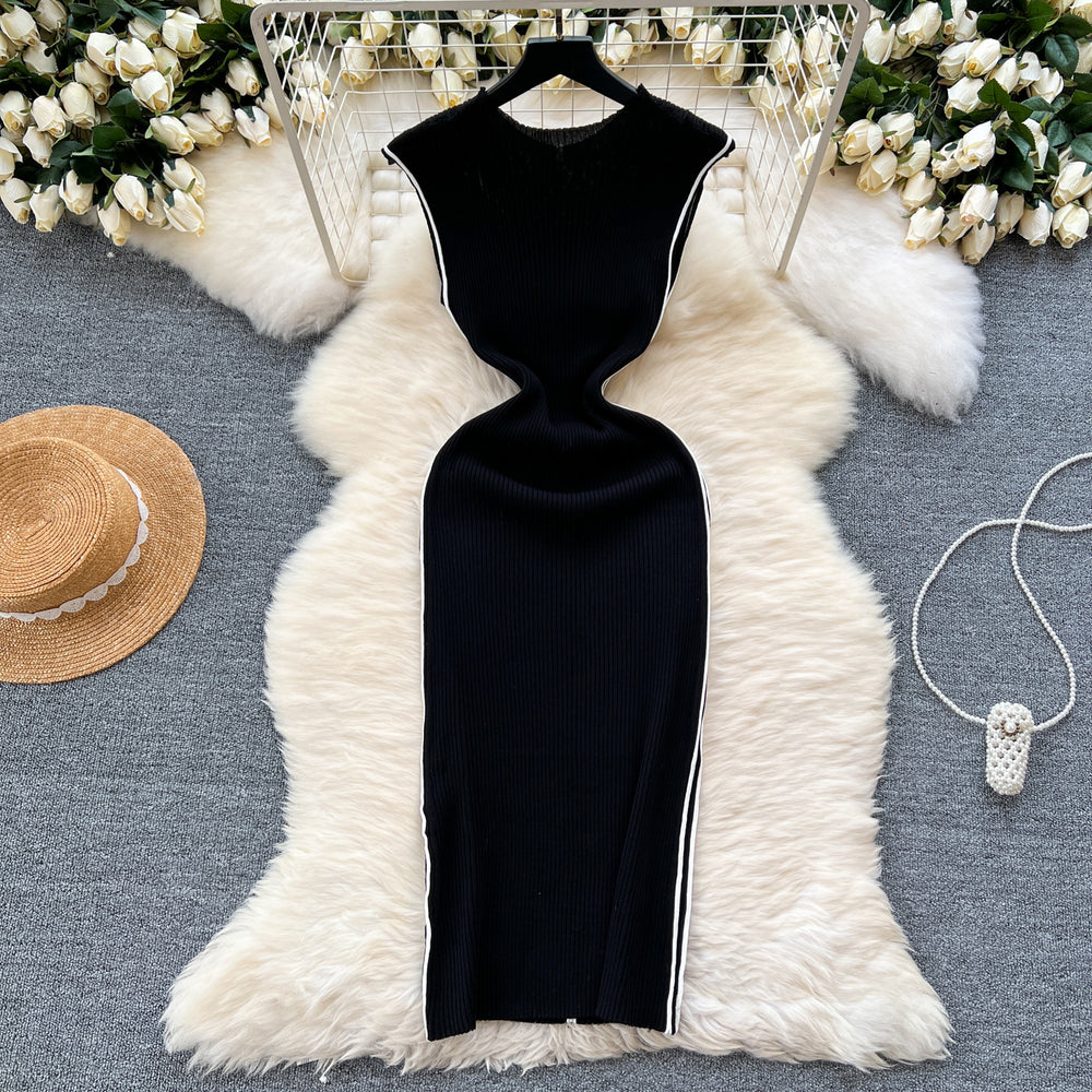Elegant goddess style classy sense of knittingdress female sense of designniche style silmslimming lookelegantcontrast color hip skirt