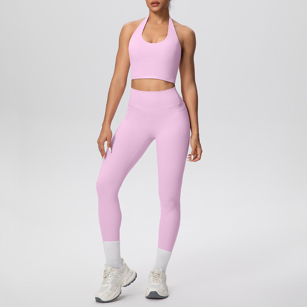 New halter neck backless high-waisted butt-lifting pocket pants activewear set - cloud-like comfort for casual outdoor running, fitness, and yoga