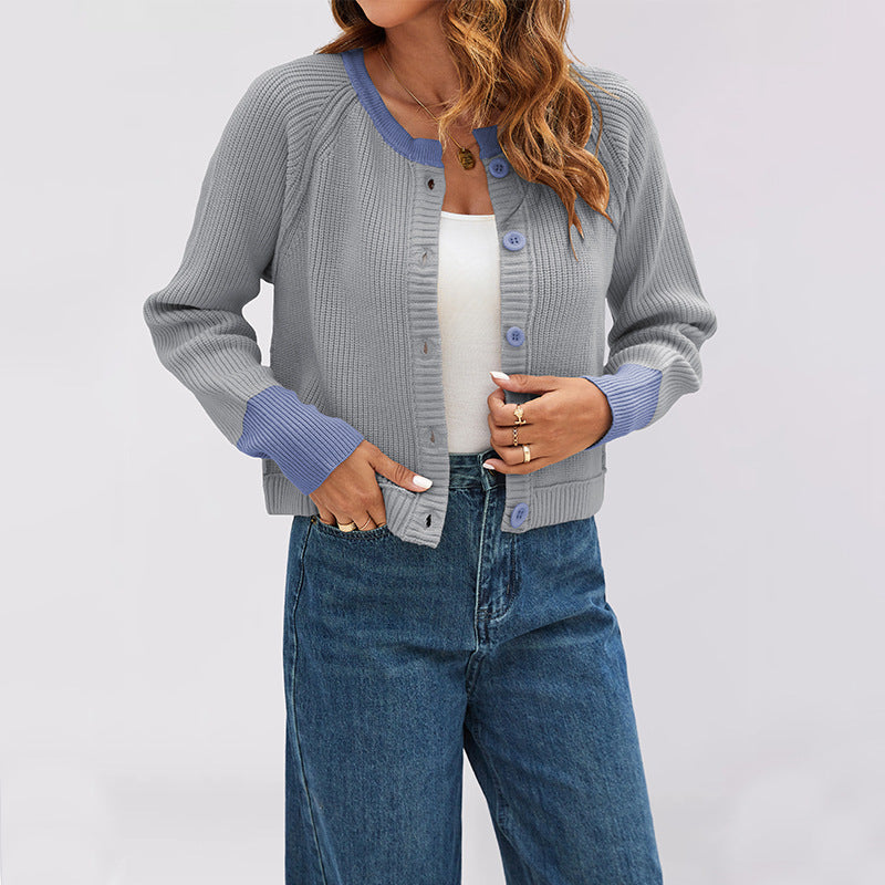 Cross-border 2025 autumn and winter new tiktop European and American round neck color matching fashion button contrasting knitted cardigan jacket