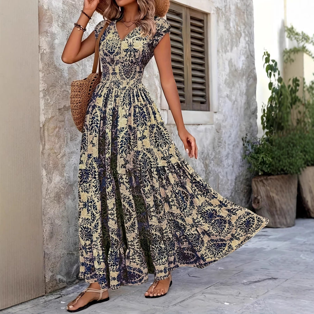 cross-border e-commerce hot-selling new print v-neck fitted waist maxi dress - european and american style for