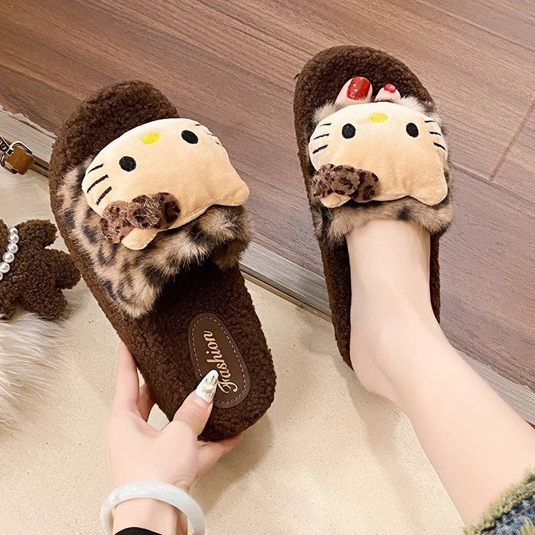 Cute leopard print hello kitty fuzzy slippers for women - new winter thick-soled design, stylish outdoor wear, warm and cozy one-strap cotton slippers