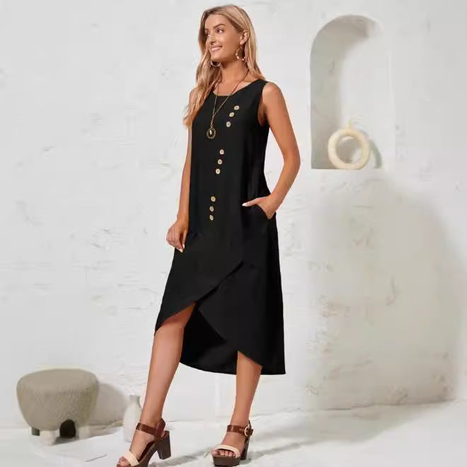 european and american cross-border  new women's cotton linen solid color loose short sleeve asymmetrical maxi dress