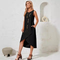 european and american cross-border  new women's cotton linen solid color loose short sleeve asymmetrical maxi dress