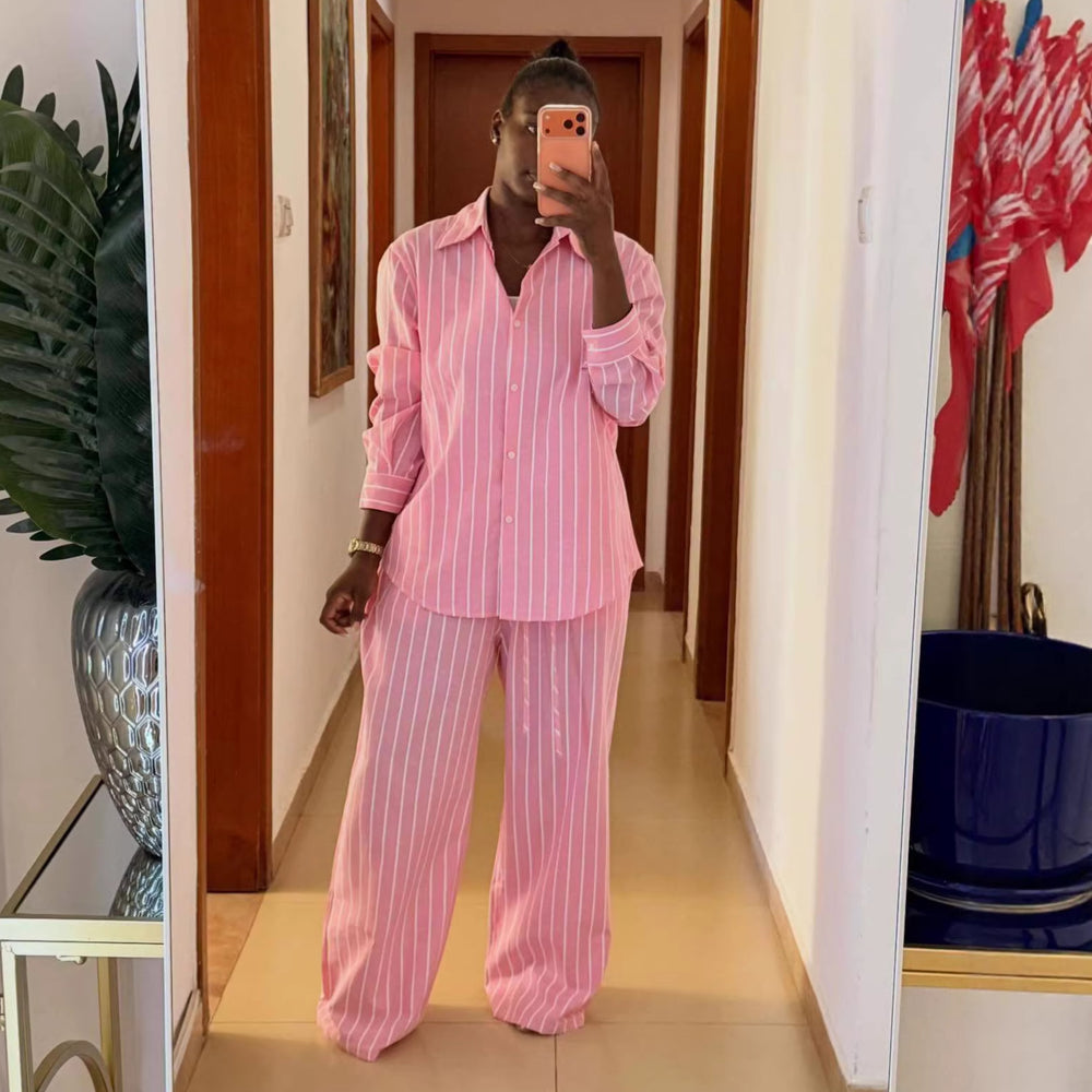 European and american cross-border women's clothing  spring/summer new fashion sweet striped loose long-sleeved shirt and tie-waist pants set