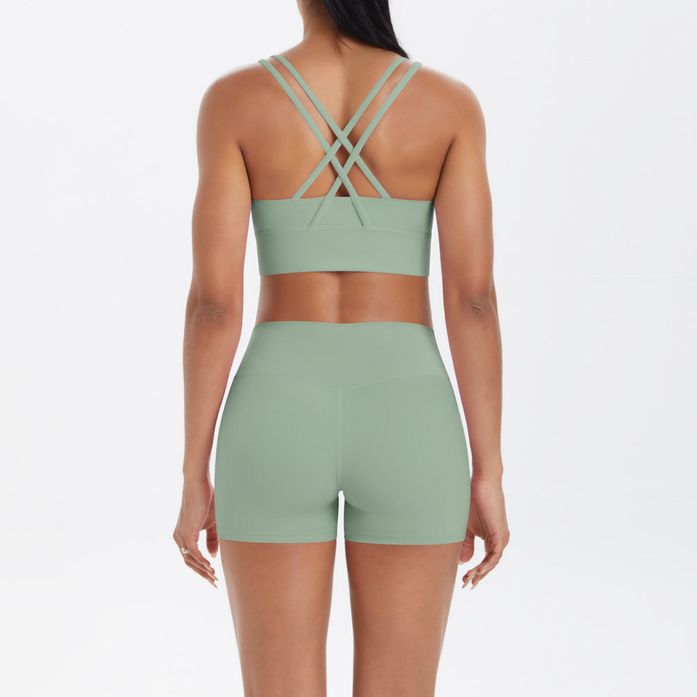 Fashion cross-border nude brushed cross back bra casual sports hip lifting shorts fitness yoga wear two-piece set