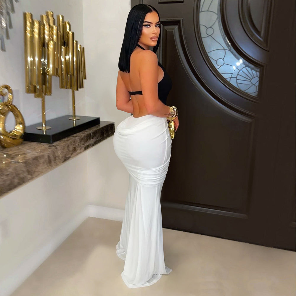 C7573 cross-border   fashion women's sexy v-neck sleeveless slit backless dress