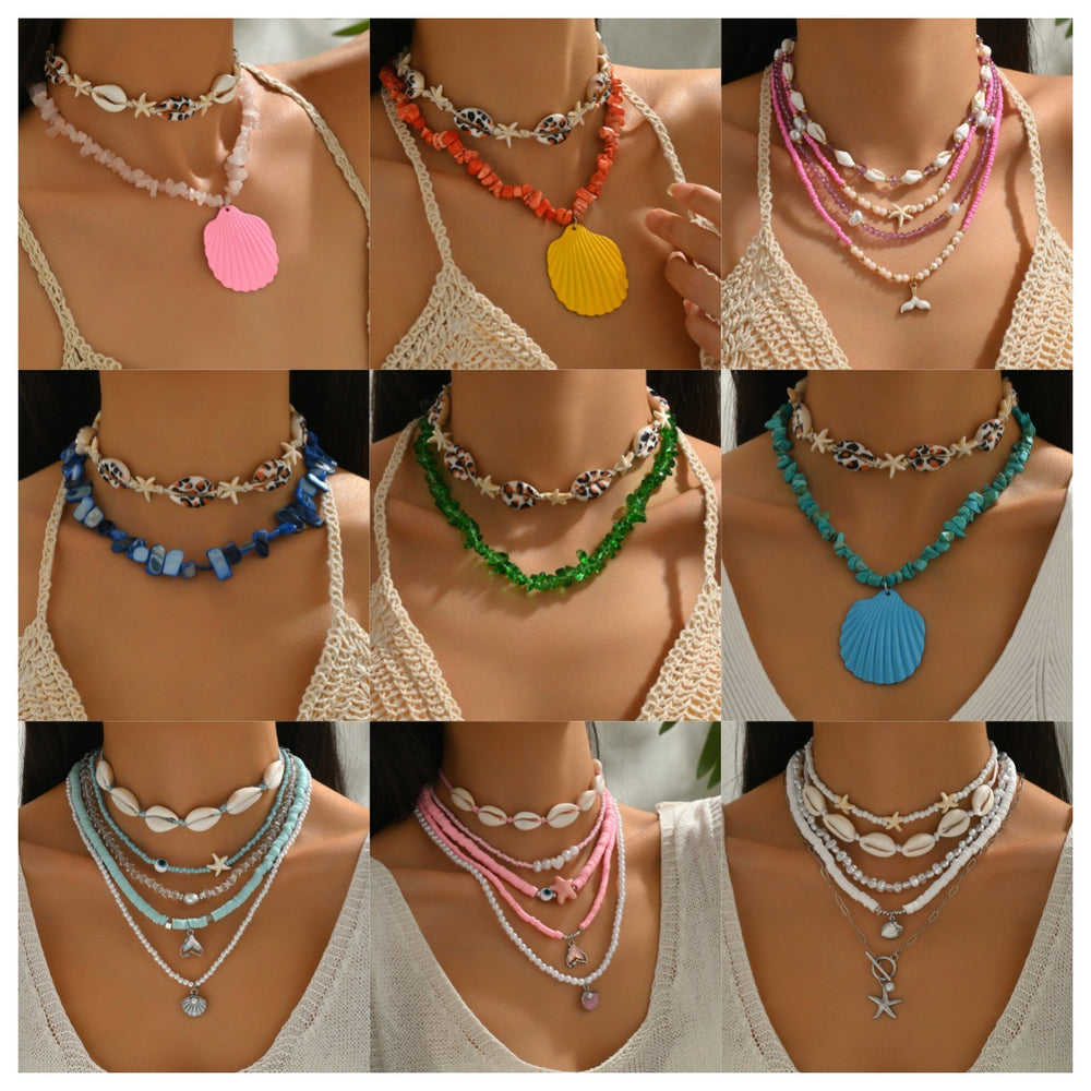 Wholesale seaside necklaces: european and american cross-border ocean-inspired statement jewelry featuring exaggerated shell pendants, light luxury, niche designs, and dyed crushed stone accents for women