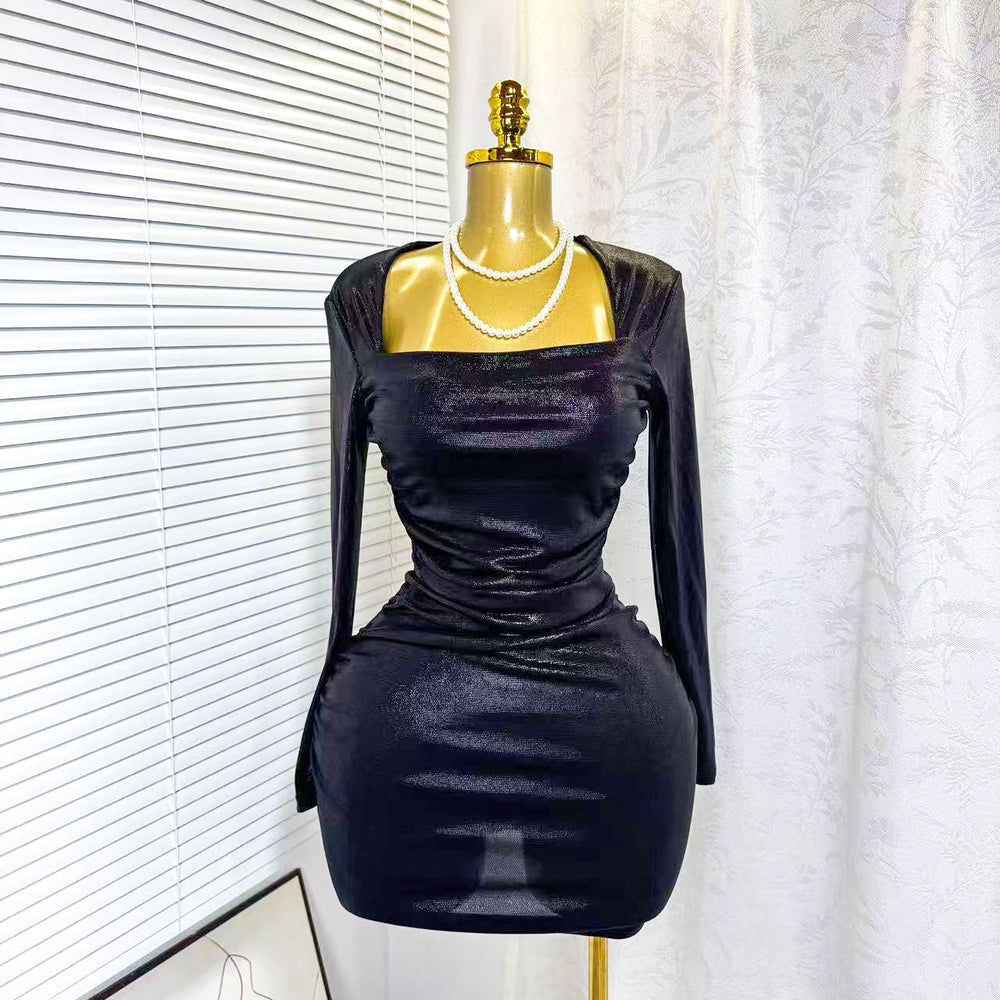 autumn new arrival: cross-border european and american style long-sleeved stretch bodycon mini dress - shiny party fitted skirt
