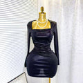 autumn new arrival: cross-border european and american style long-sleeved stretch bodycon mini dress - shiny party fitted skirt