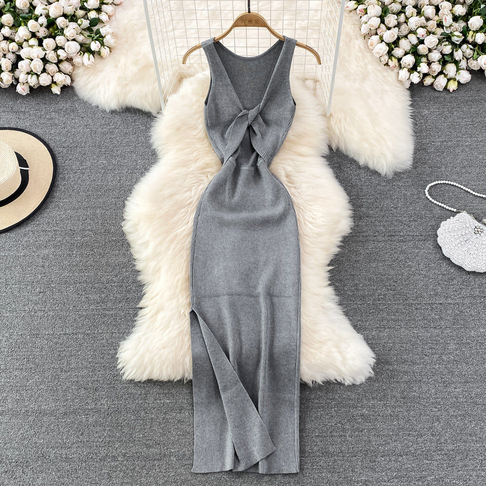 European and american style ins women's summer new sexy twist knot cleavage-enhancing hollow-out fashion two-way knitted dress