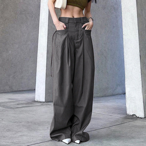 Minimalist style fashion high waist drape wide leg pants tall mopping suit pants pleated lace-up loose casual trousers