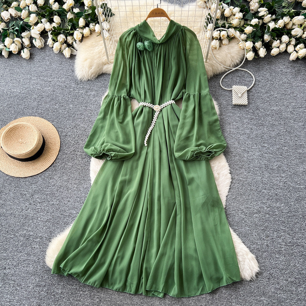 French heavy industry lantern sleeve silm dress for women k-style purple tie back waist a-line long skirt work clothingelegant