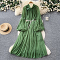 French heavy industry lantern sleeve silm dress for women k-style purple tie back waist a-line long skirt work clothingelegant