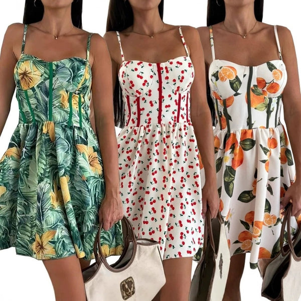 , European and American , sexy suspender halter print big pendulum women's dress