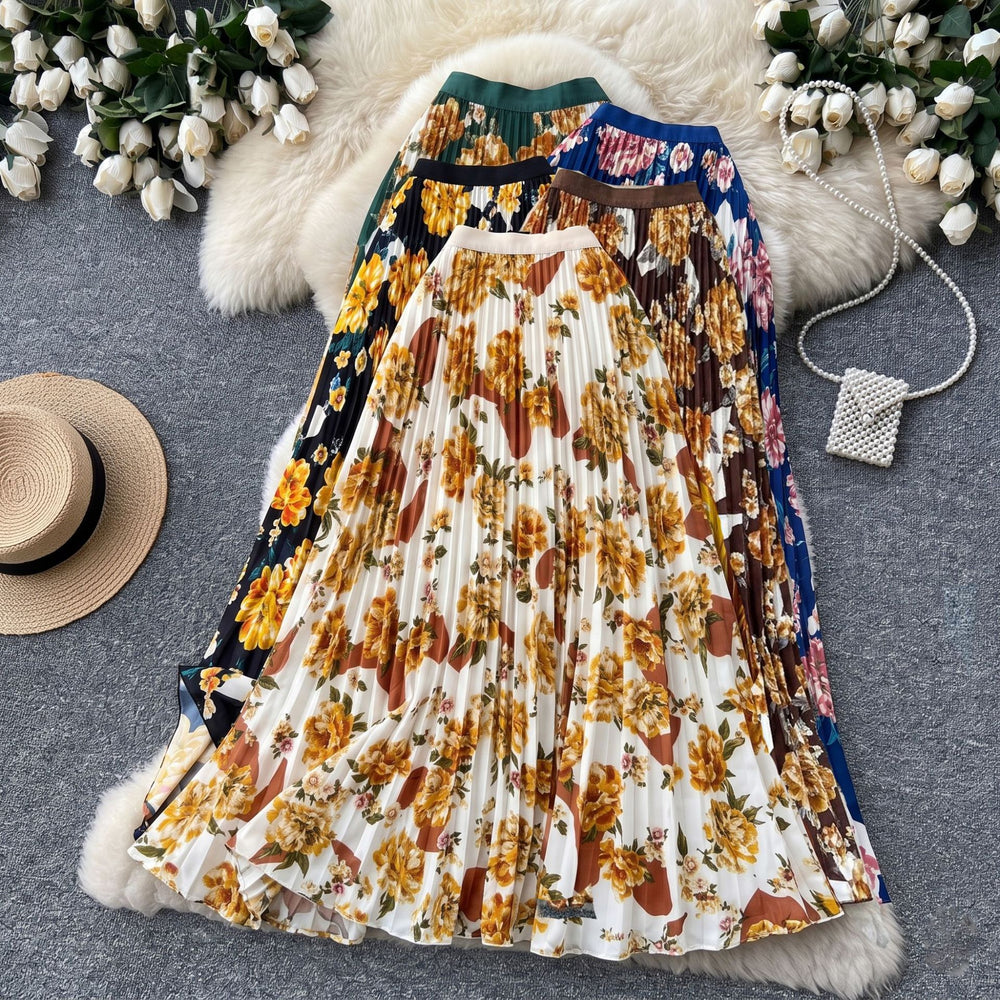 fashionretroprintingpleated elastic waist fashion skirt women's high waist a-line skirt work clothing long skirt summer