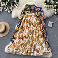 fashionretroprintingpleated elastic waist fashion skirt women's high waist a-line skirt work clothing long skirt summer