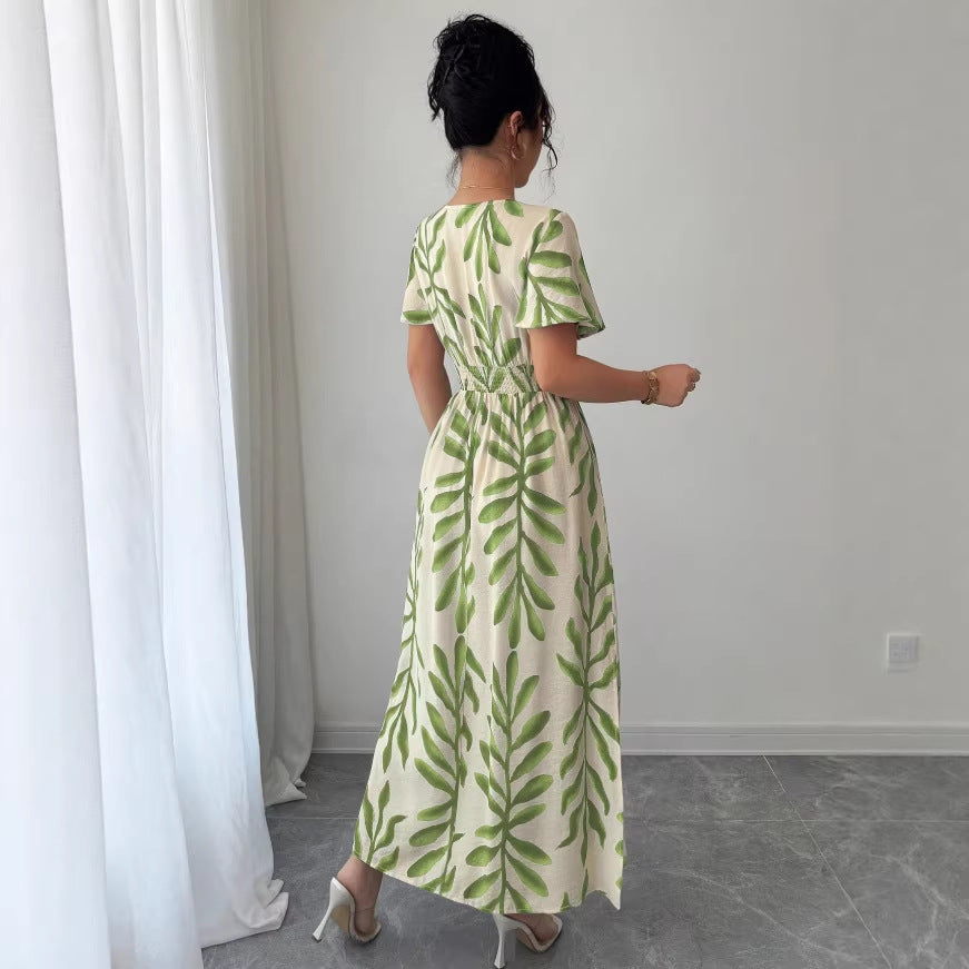 Amazon cross-border  summer new arrival: fresh seaside vacation style cami dress - fitted waist green leaf print dress