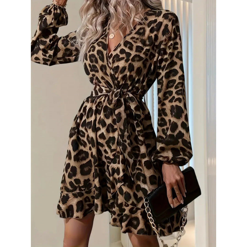 Shipped:  hot-selling leopard print v-neck high-waisted tie-waist irregular women's dress for cross-border e-commerce (europe & america)