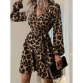 Shipped:  hot-selling leopard print v-neck high-waisted tie-waist irregular women's dress for cross-border e-commerce (europe & america)