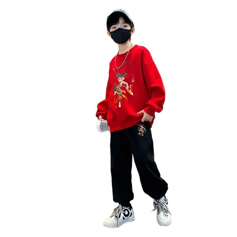 Boys'  cartoon top spring/autumn sweatshirt set - middle to big kids' nezha long-sleeve outfit - crew neck children's clothing - boys' two-piece set