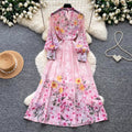French romantic style printed slim-fit dress - women's long sleeve v-neck tie-waist maxi dress - vacation ready