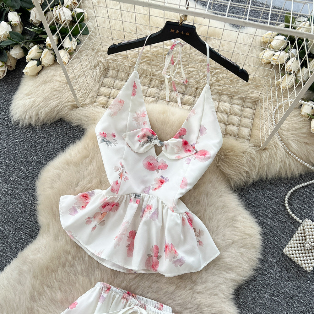 French holiday style floral suspender two-piece set women's summer pure lust style ruffles waist slimming lookelegantsuit