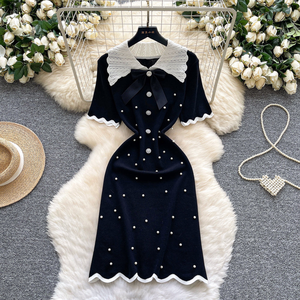 Export cross-border doll collar sweetbowsknittingdress women's summer pearl decoration waist work clothing a-line skirt