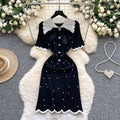Export cross-border doll collar sweetbowsknittingdress women's summer pearl decoration waist work clothing a-line skirt
