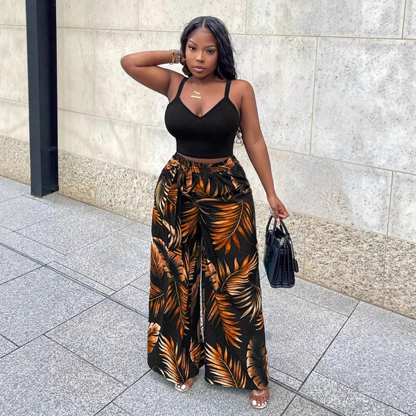Europe, America,   2025 summer new fashionable and elegant women's casual pants printed suspender set
