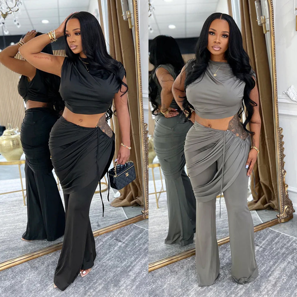 C7528 cross-border   fashion women's casual sleeveless cropped top and pants two-piece set