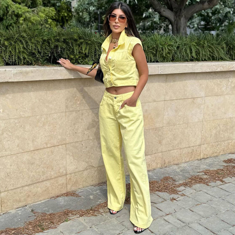 Cross-border European and American new sleeveless lapel cardigan shirt trousers set women's  women's clothing casual foreign style two-piece set