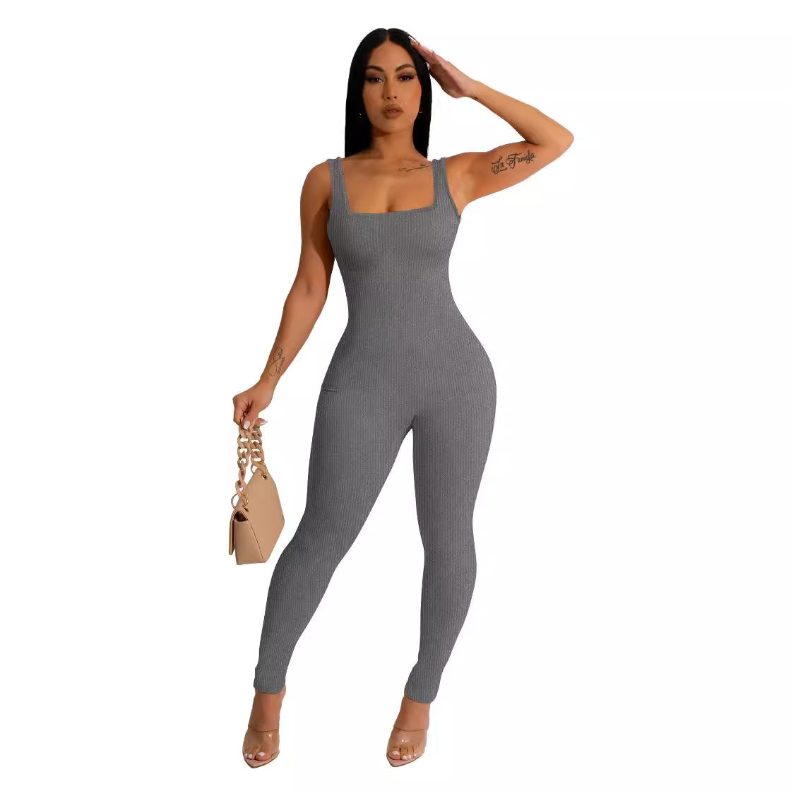 2024 Foreign Trade Women's Solid Color Sleeveless Vest onesie Threaded square neck backless hip lift slim-fit sports jumpsuit