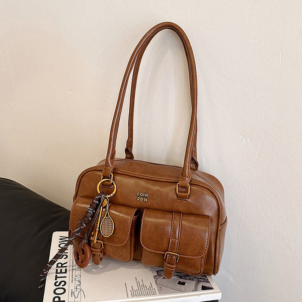 Maillard brown bag women's bag 2025 new autumn and winter retro Boston bag commuter underarm shoulder pillow bag