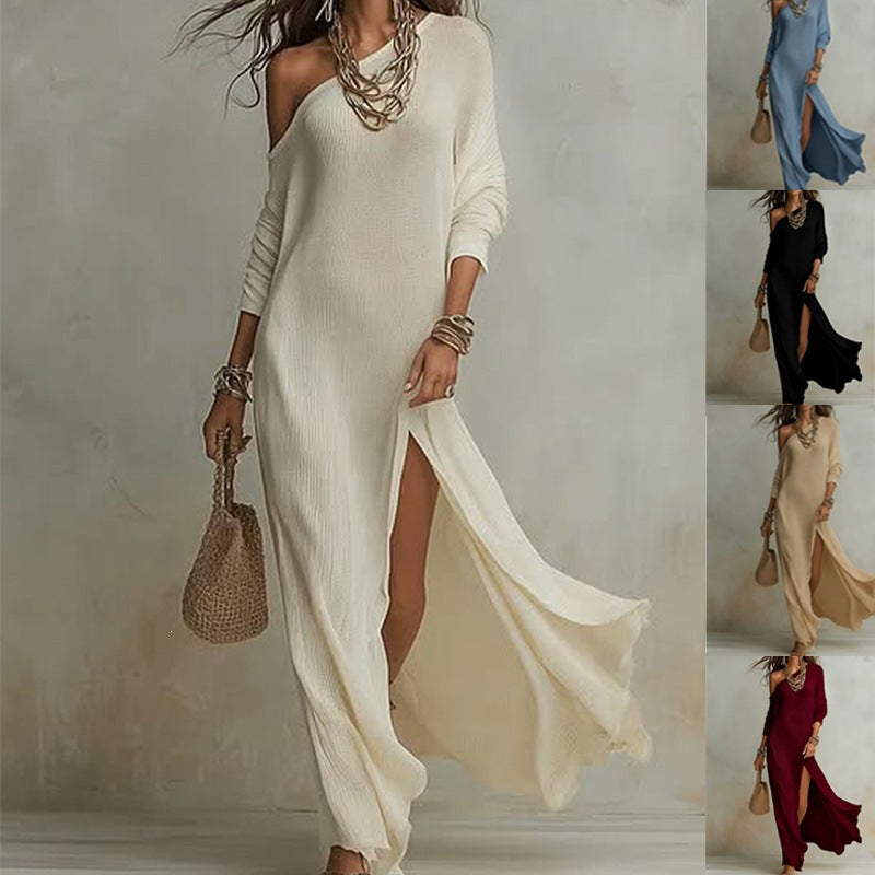summer european and american cross-border independent station new arrivalelegancelong sleevesknitting pleated slit women's dress