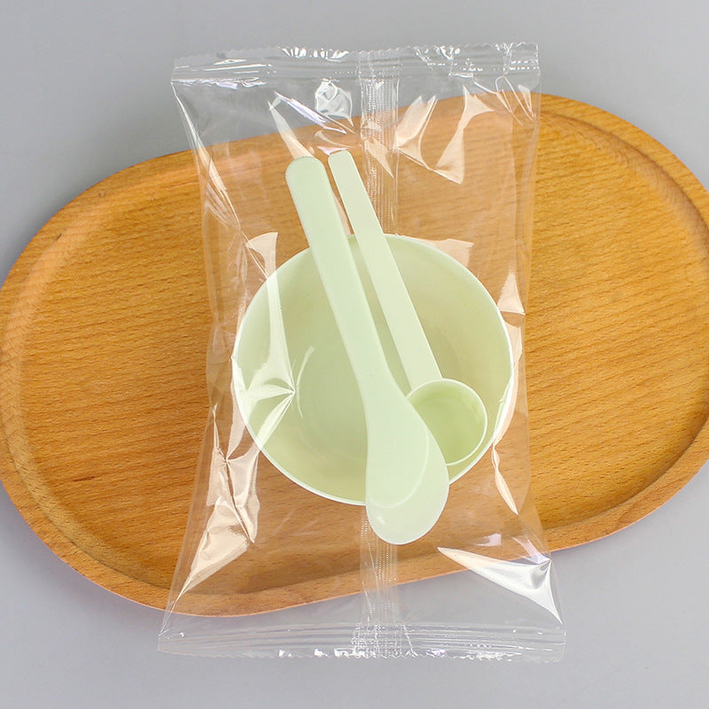 Individually packaged beauty mask bowl set - 3-piece spa tool kit: plastic bowl, mixing spatula, and measuring spoon with graduated markings