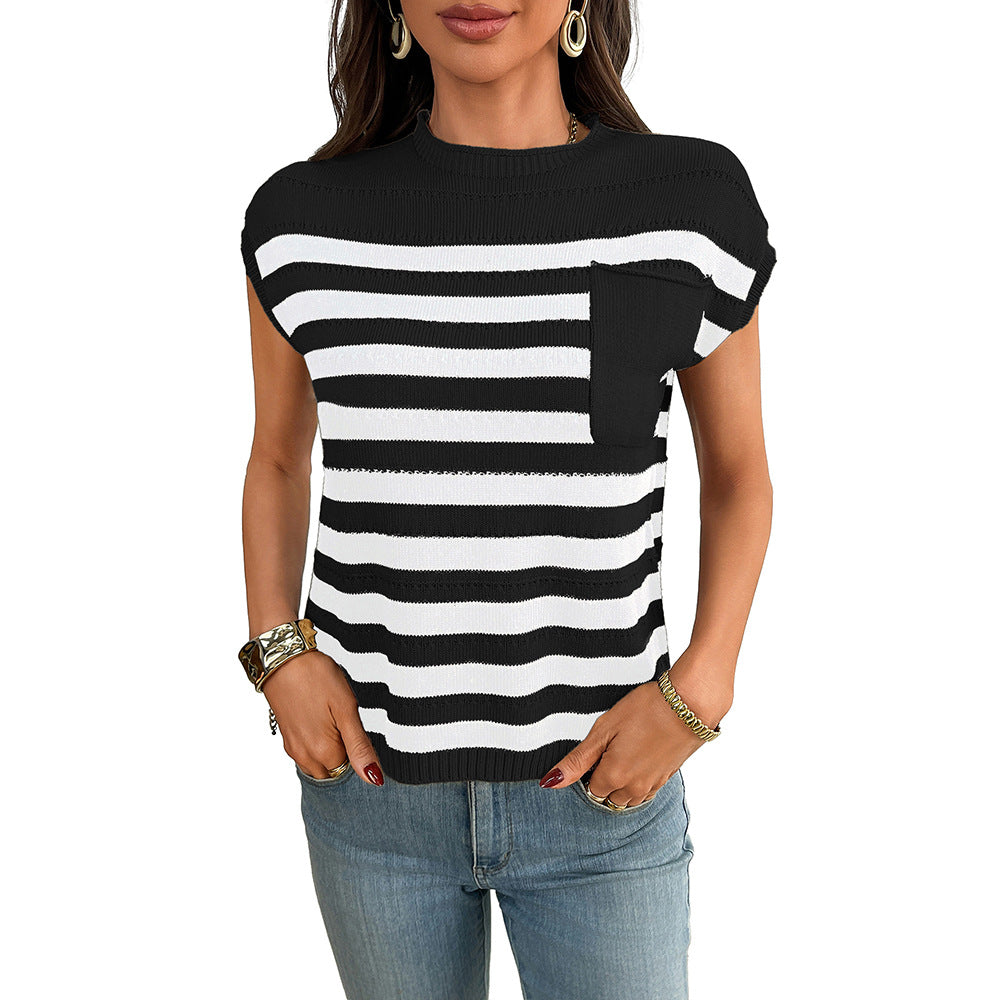 2025 summer new  European and American women's clothing  women's crew neck top thick needle casual striped sweater