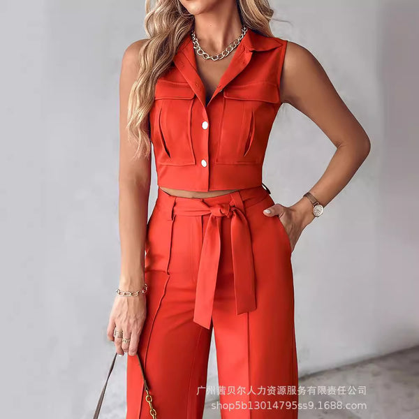 European and American new women's clothing I-shaped pocket vest + straight tailor pants set 2-piece set ODS5007